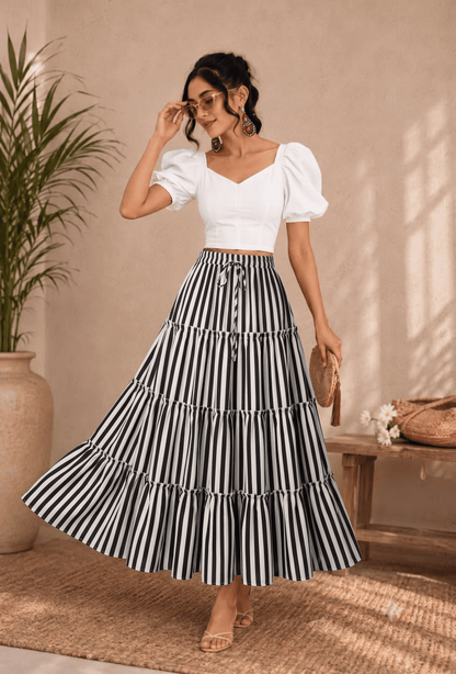 Women's Monochrome Vertical Striped Long Skirt - Belancci