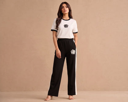 Belancci Women 2 Piece Outfit - White Black Contrast T Shirt With Wide Leg Pants - Casual Co Ord Set With Side Stripe And Elastic Waist