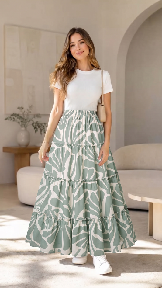 Women's Sage Green Abstract Printed Flowy Tiered Skirt - Belancci