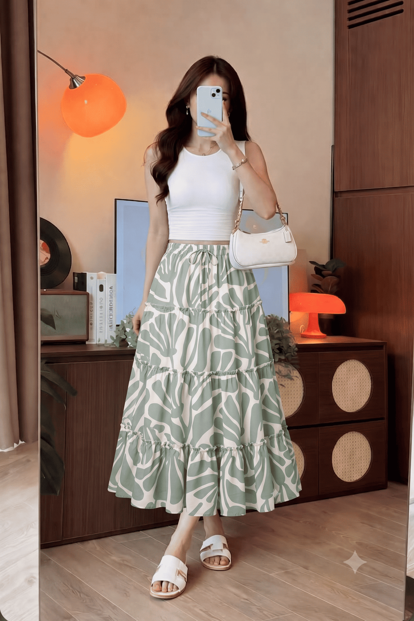 Women's Sage Green Abstract Printed Flowy Tiered Skirt - Belancci