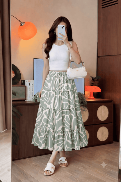 Women's Sage Green Abstract Printed Flowy Tiered Skirt - Belancci