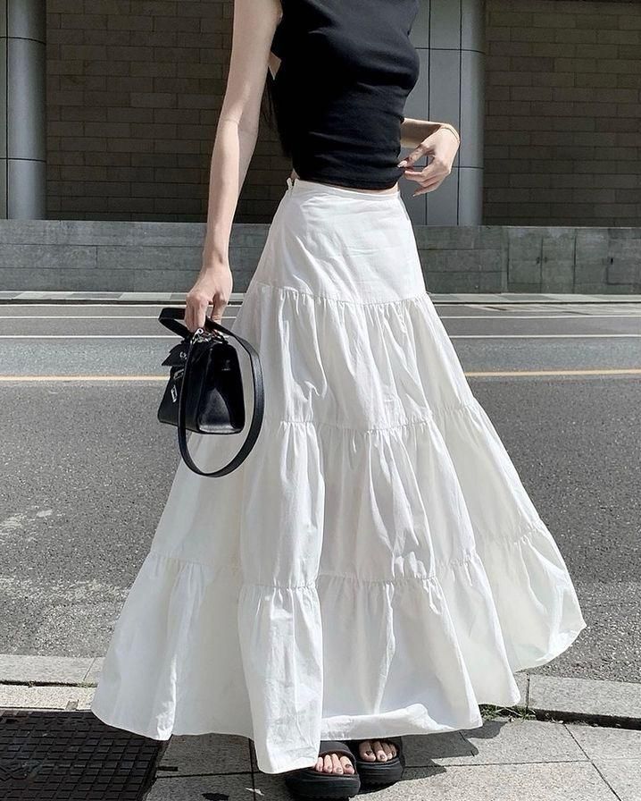 Girls White Maxi Skirt – High Waist Elastic Long Skirt – Casual Tiered Flowy Skirt for Girls – Modest Wear Summer & Daily Wear Pakistan