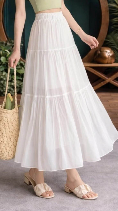 Girls White Maxi Skirt – High Waist Elastic Long Skirt – Casual Tiered Flowy Skirt for Girls – Modest Wear Summer & Daily Wear Pakistan