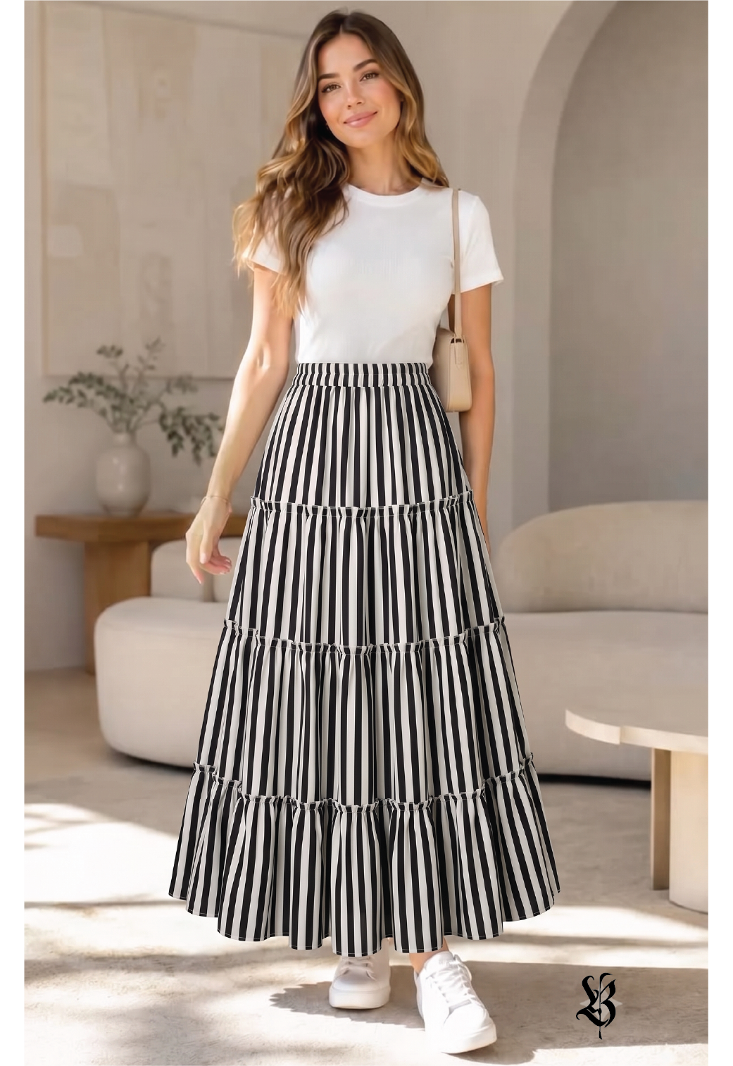 Women's Monochrome Vertical Striped Long Skirt - Belancci