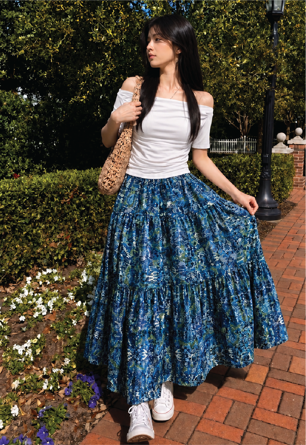 Belancci Women Printed Maxi Skirt - Blue Patterned Tiered Long Flowy Skirt With Elastic Waist - Casual Summer Skirt For Women