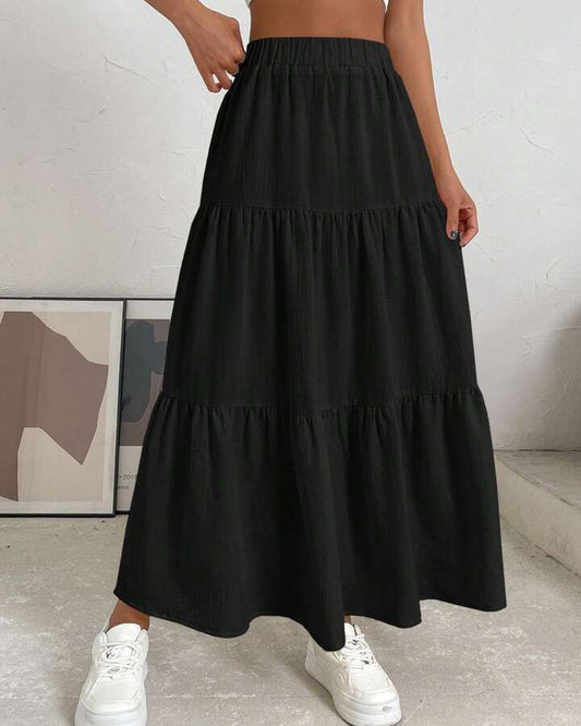 Girls White Maxi Skirt – High Waist Elastic Long Skirt – Casual Tiered Flowy Skirt for Girls – Modest Wear Summer & Daily Wear Pakistan