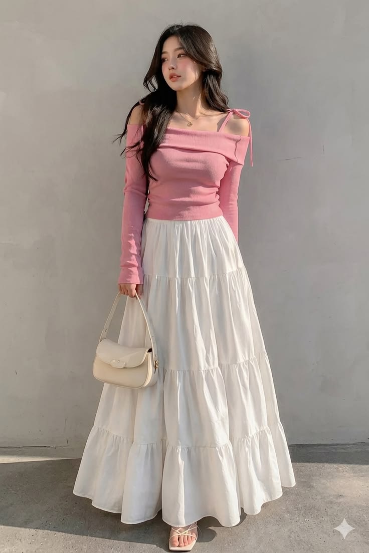 Girls White Maxi Skirt – High Waist Elastic Long Skirt – Casual Tiered Flowy Skirt for Girls – Modest Wear Summer & Daily Wear Pakistan