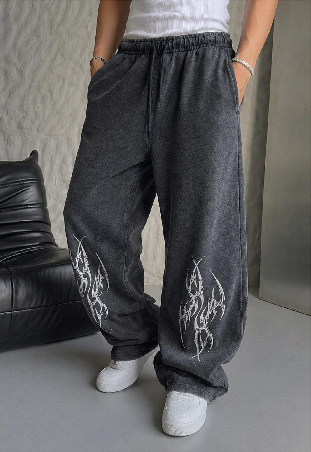 ACID WASH VINTAGE GOTHIC FLAME PRINT WIDE-LEG PANTS