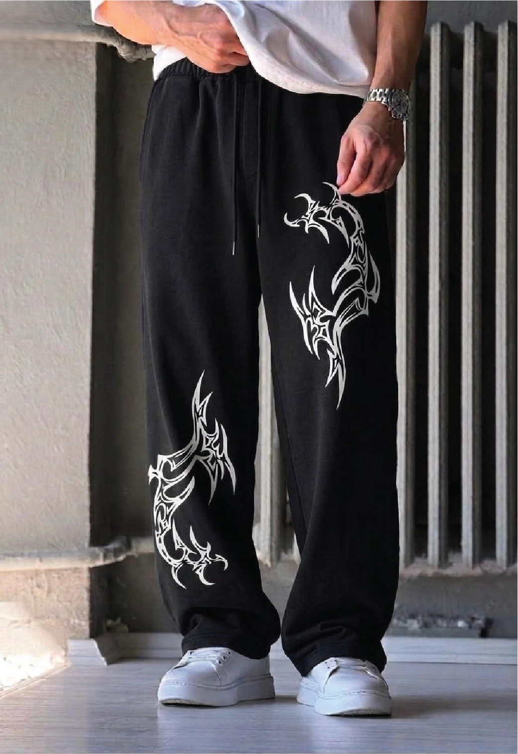 TRIBAL DRAGON GRAPHIC PRINT WIDE-LEG JOGGER PANTS