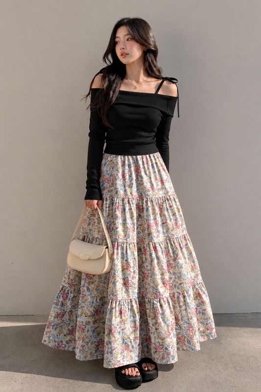 Belancci Women Floral Maxi Skirt - Printed Tiered Long Flowy Skirt With Elastic Waist - Multicolor Casual Summer Skirt For Women