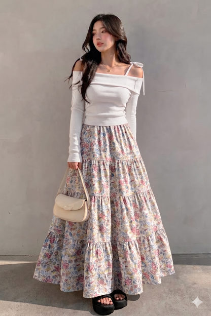 Belancci Women Floral Maxi Skirt - Printed Tiered Long Flowy Skirt With Elastic Waist - Multicolor Casual Summer Skirt For Women