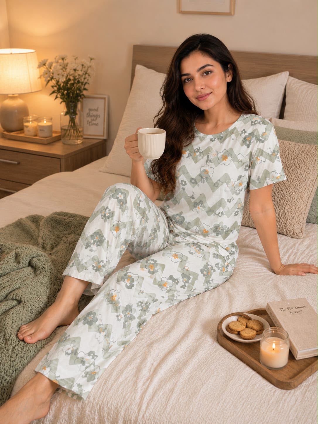 Belancci Women Pajama Set 2 Piece | Floral Zigzag Print T-Shirt And Matching Wide Leg Pants | Casual Sleepwear Night Suit | Lounge Wear Set