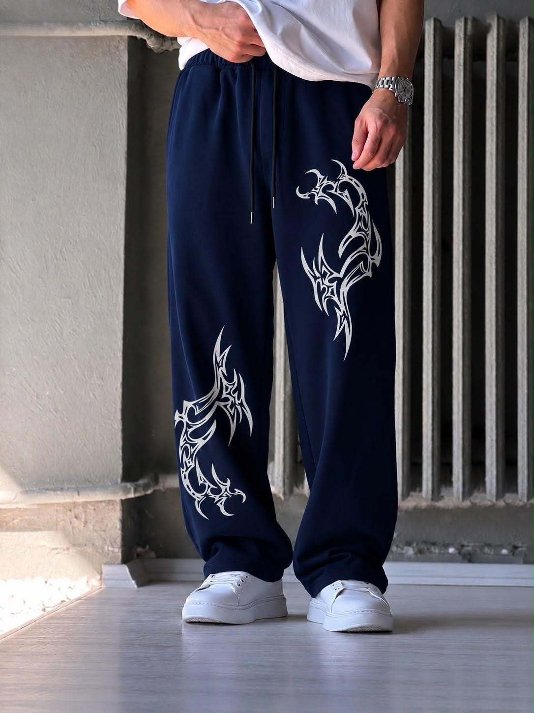 TRIBAL DRAGON GRAPHIC PRINT WIDE-LEG JOGGER PANTS