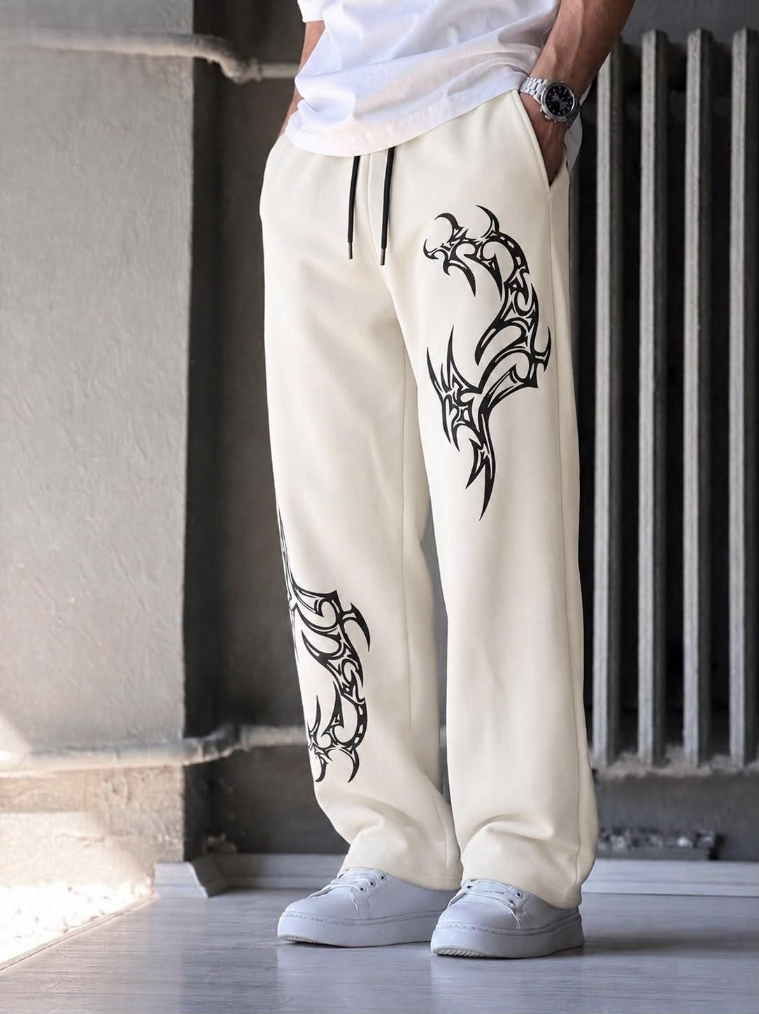 TRIBAL DRAGON GRAPHIC PRINT WIDE-LEG JOGGER PANTS