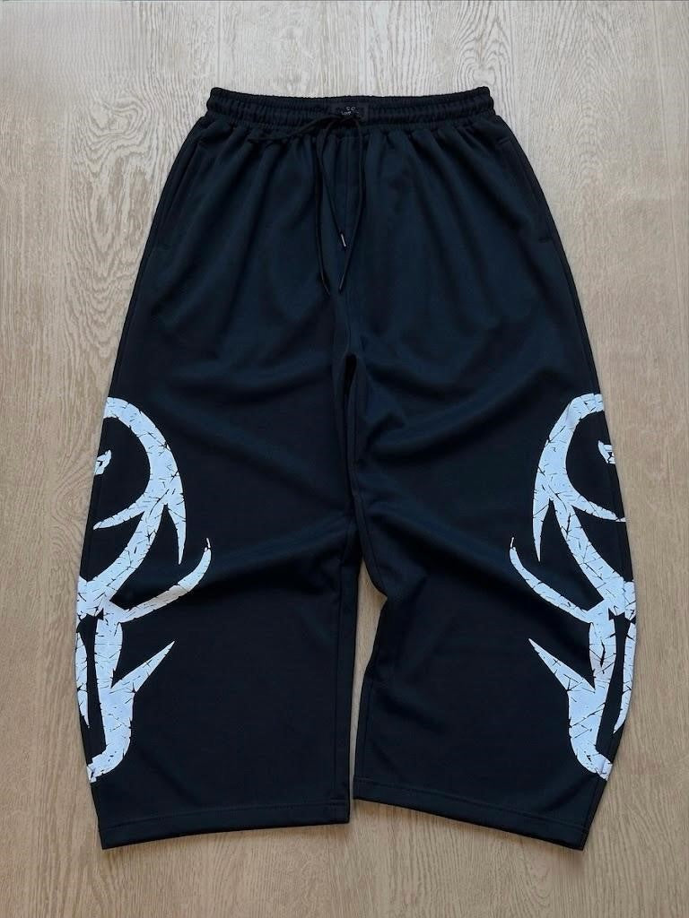 CRACKED FLAME GRAPHIC BLACK LONG JOGGER PANTS
