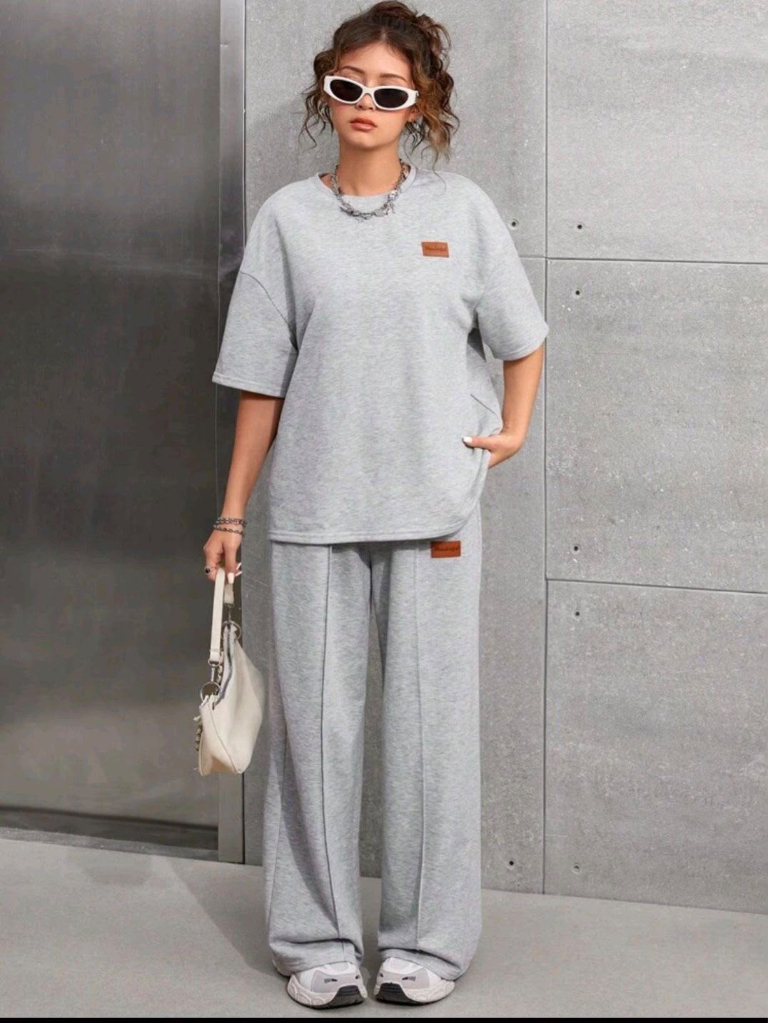 Belancci Women 2 Piece Tracksuit Set - Oversized T Shirt And Wide Leg Pants - Grey Casual Co Ord Set For Women - Korean Streetwear