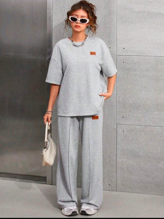 Belancci Women 2 Piece Tracksuit Set - Oversized T Shirt And Wide Leg Pants - Grey Casual Co Ord Set For Women - Korean Streetwear