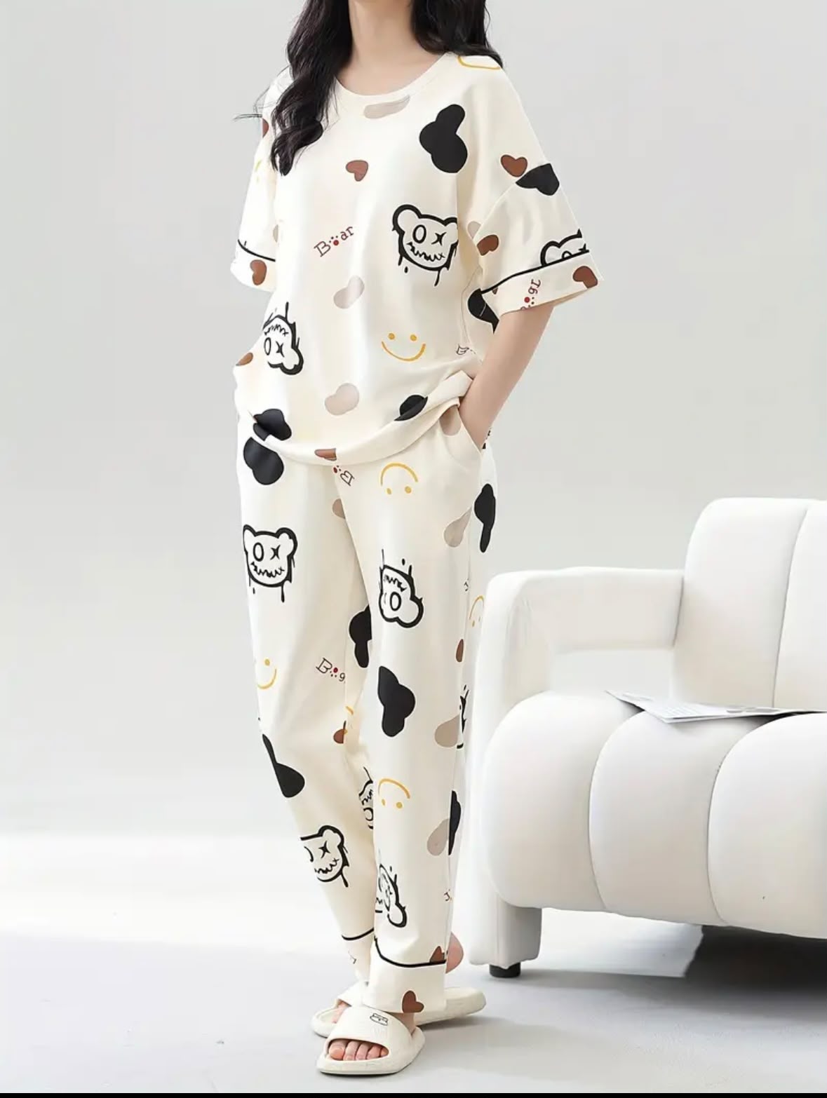 Belancci Women 2 Piece Pajama Set - Printed Oversized T Shirt And Wide Leg Pants - Cream Cartoon Print Casual Lounge Wear Co Ord Set