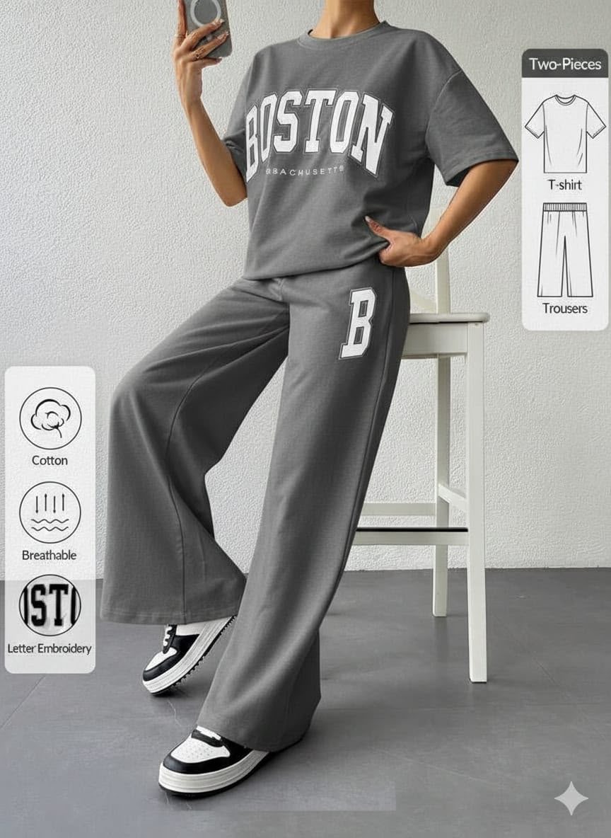 Belancci - Women’s Boston Graphic Oversized T-Shirt & Wide-Leg Pants Set