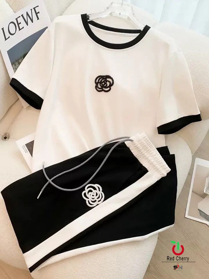 Belancci Women 2 Piece Outfit - White Black Contrast T Shirt With Wide Leg Pants - Casual Co Ord Set With Side Stripe And Elastic Waist