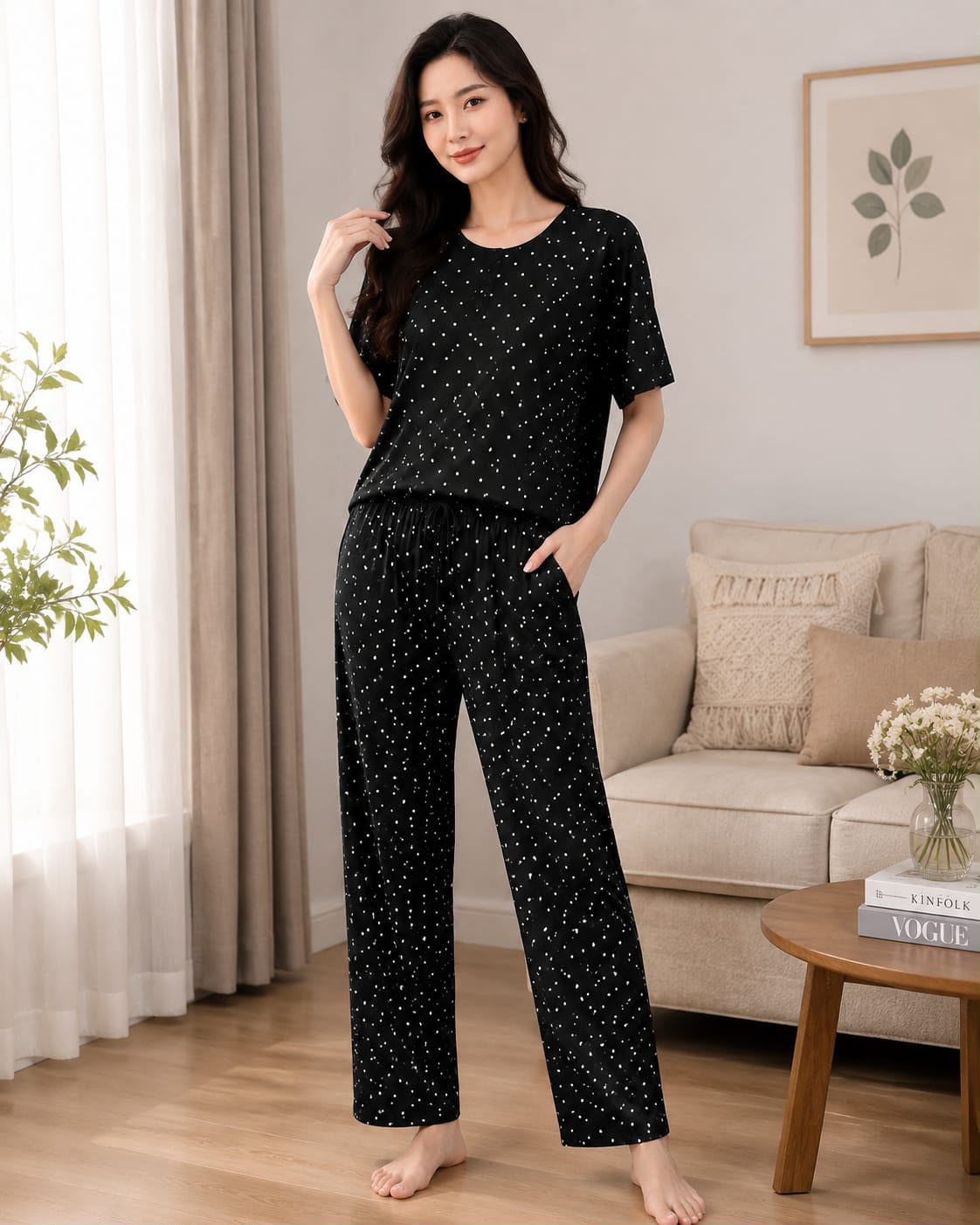 Belancci Women Pajama Set 2 Piece | Black Polka Dot T-Shirt And Wide Leg Pants | Casual Sleepwear Night Suit | Lounge Wear Homewear Set