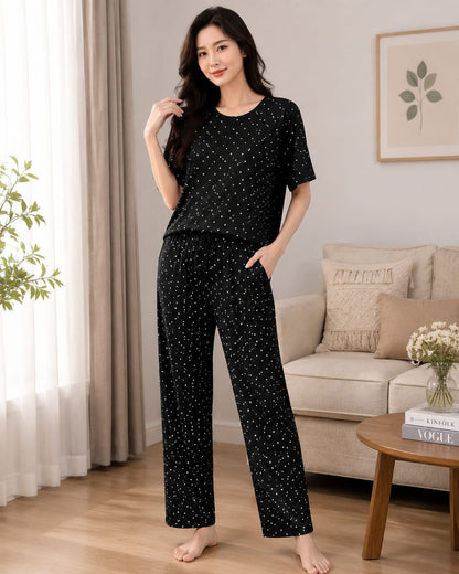Belancci Women Pajama Set 2 Piece | Black Polka Dot T-Shirt And Wide Leg Pants | Casual Sleepwear Night Suit | Lounge Wear Homewear Set