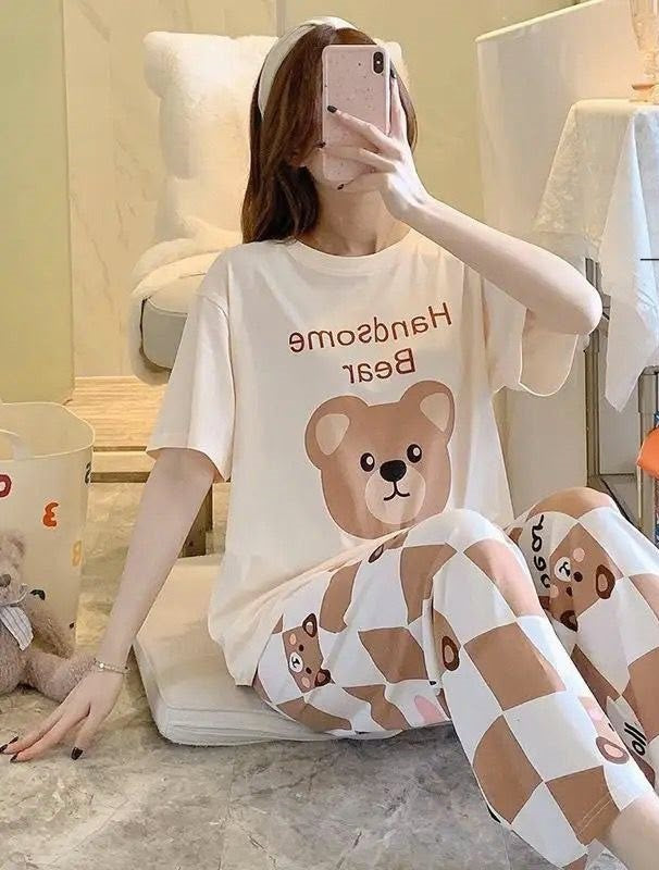 Belancci Women Pajama Set 2 Piece | Bear Print T-Shirt And Checkered Wide Leg Pants | Casual Sleepwear Lounge Set | Cute Printed Night Suit