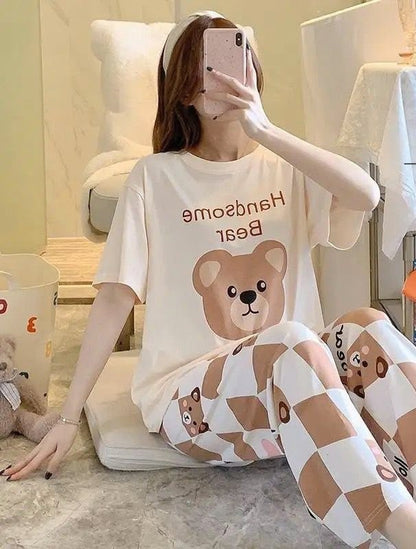 Belancci Women Pajama Set 2 Piece | Bear Print T-Shirt And Checkered Wide Leg Pants | Casual Sleepwear Lounge Set | Cute Printed Night Suit