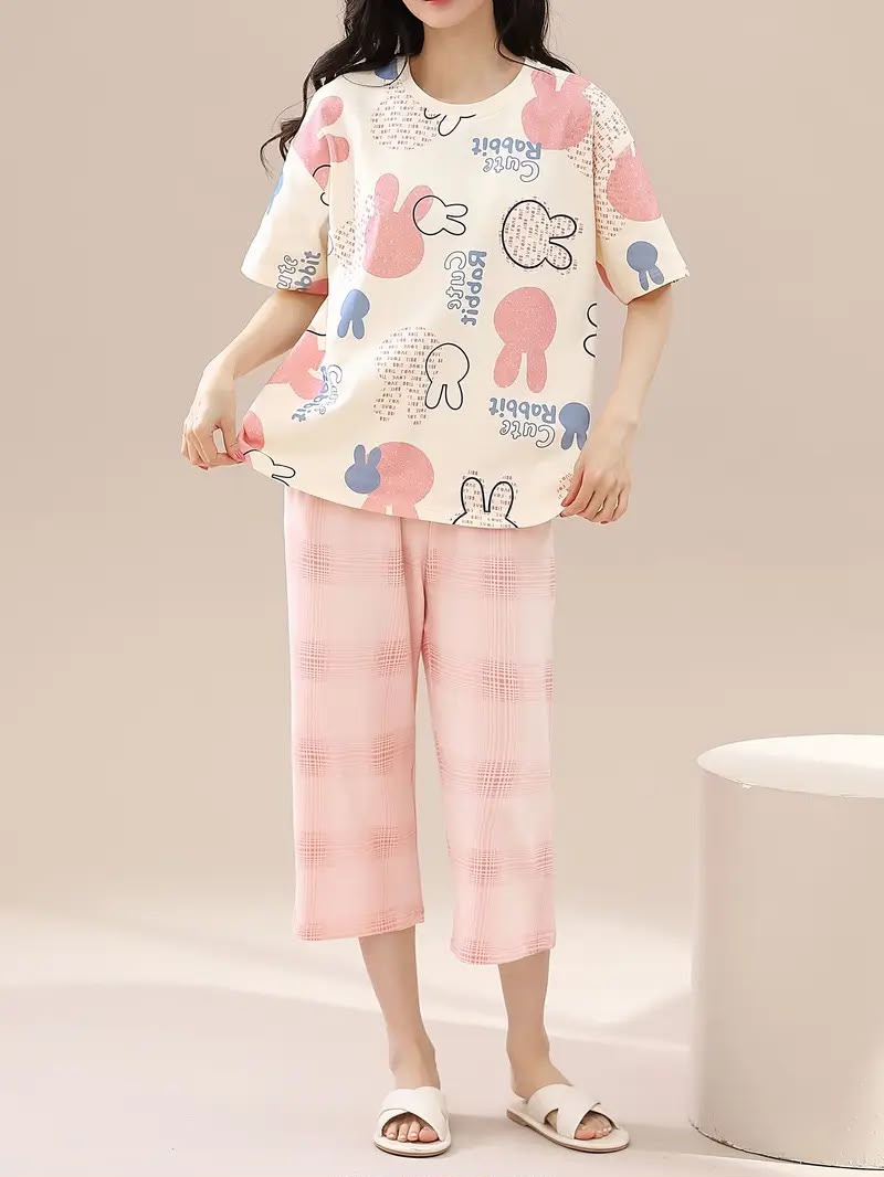 Belancci Women Pajama Set 2 Piece | Cute Bunny Print T-Shirt And Pink Checkered Capri Pants | Casual Sleepwear | Lounge Wear Night Suit